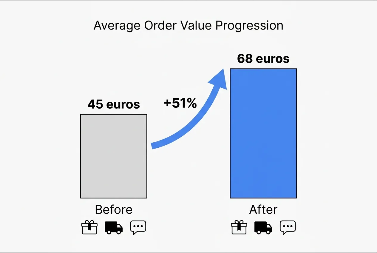 Before and after chart showing Shopify average order value moving from 45 euros to 68 euros, with bundle, free shipping and post-purchase upsell icons below