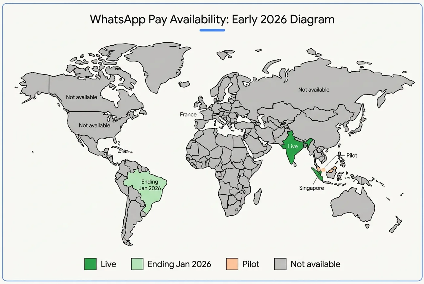 World map showing WhatsApp Pay country availability: India and Singapore live in green, Brazil in light green marked Ending Jan 2026, and France, Europe and North America in grey marked Not available