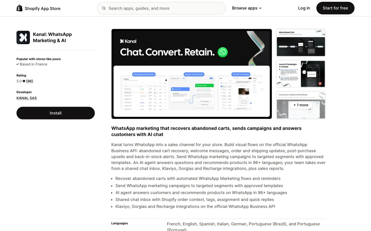 Kanal on the Shopify App Store, the WhatsApp marketing app for Shopify stores
