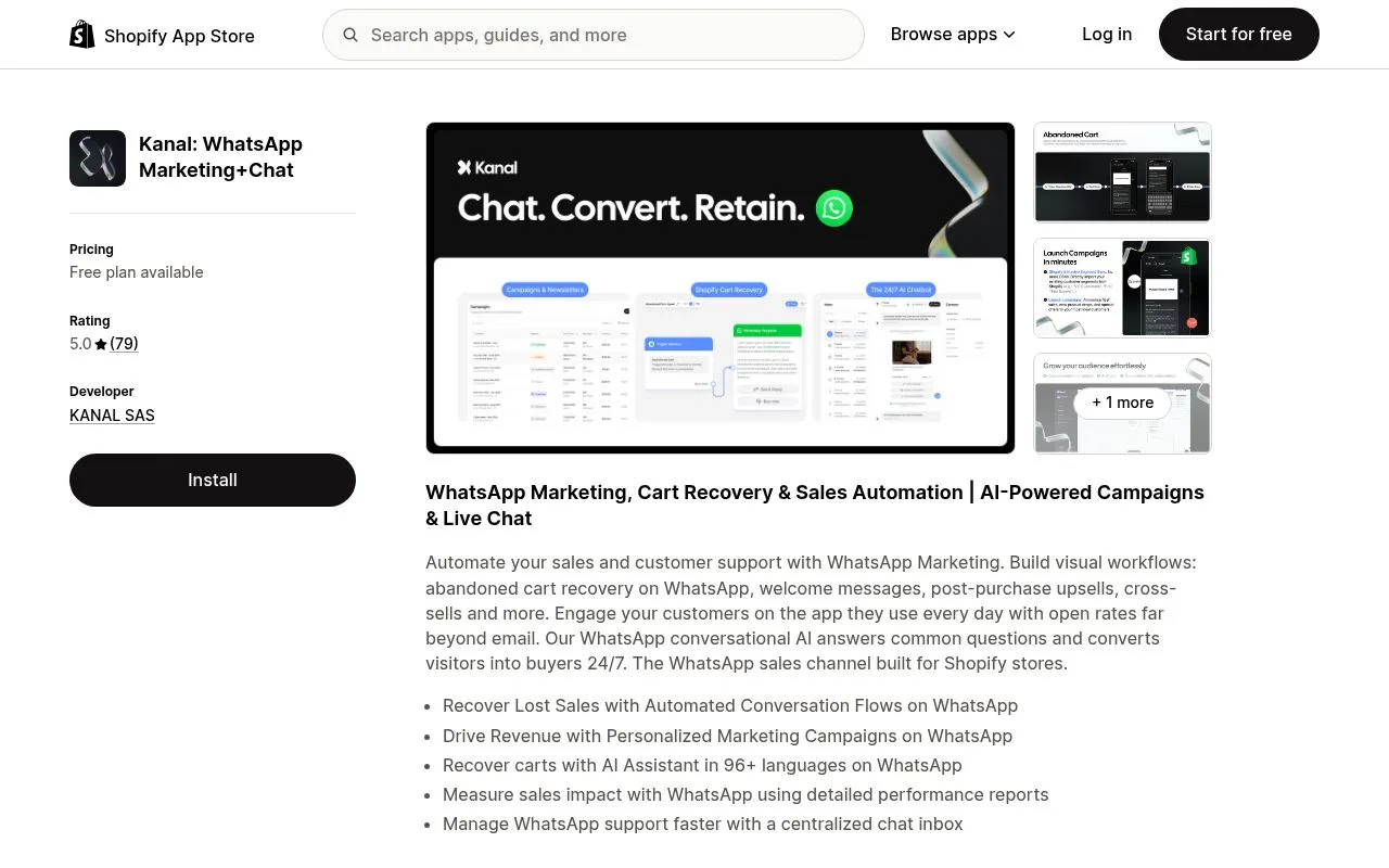 Kanal on the Shopify App Store, the WhatsApp marketing app for Shopify stores