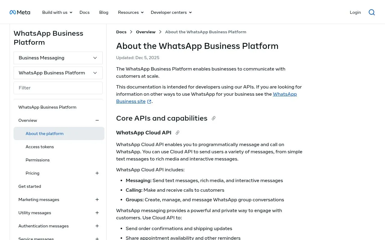 La documentation de la WhatsApp Cloud API de Meta, l'API qui alimente les diffusions illimitées