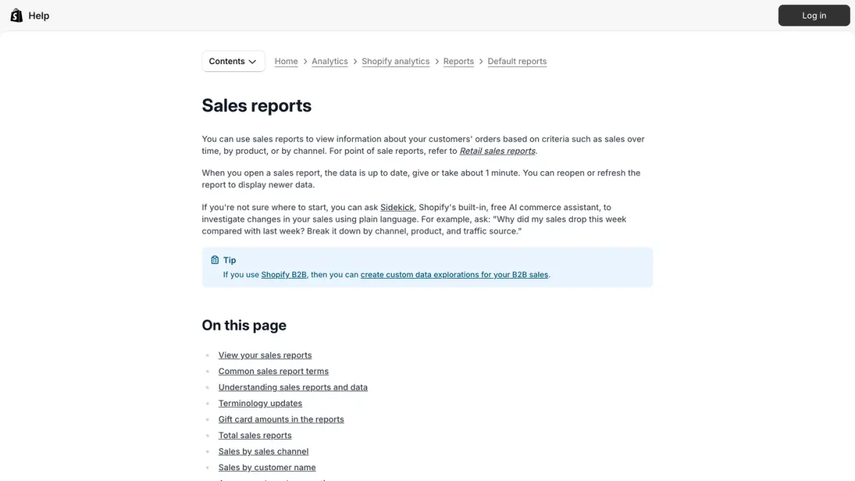 Shopify Help Center page about sales reports, which list orders and sales over time