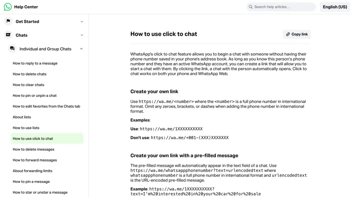 WhatsApp Help Center page How to use click to chat, with the wa.me link format